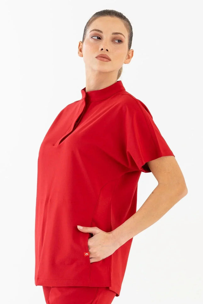 Asia Kırmızı Kadın Medikal Üniforma Tek Üst - Comfy Master