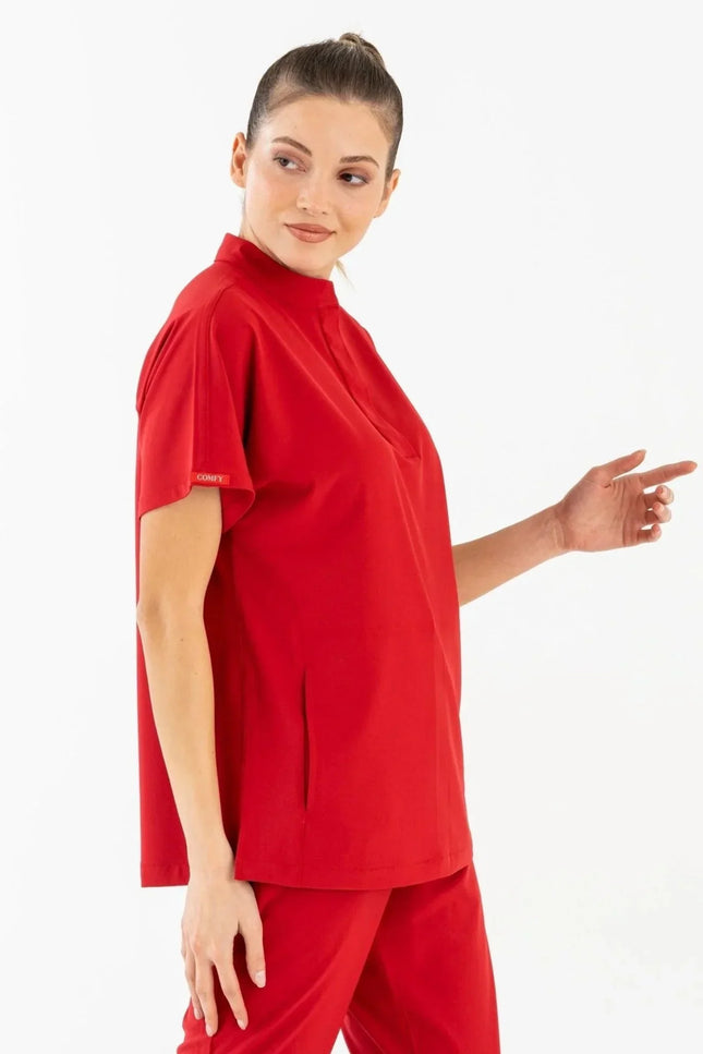 Asia Kırmızı Kadın Medikal Üniforma Tek Üst - Comfy Master