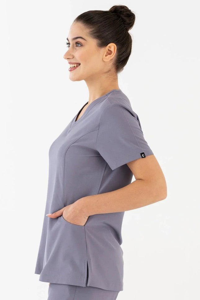 Comfy Master – Lui Gri Kadın Damla Yaka Medikal Üniforma Tek Üst - Comfy Master Outlet
