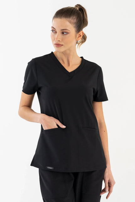 Comfy Master – Elite Siyah Kadın Damla Yaka Medikal Üniforma Tek Üst