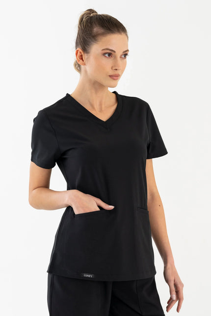 Comfy Master – Elite Siyah Kadın Damla Yaka Medikal Üniforma Tek Üst