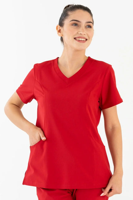 Comfy Master – Lui Kırmızı Kadın Damla Yaka Medikal Üniforma Tek Üst - Comfy Master Outlet