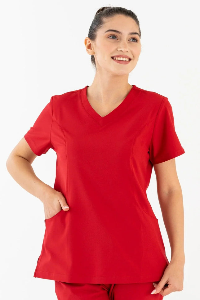 Comfy Master – Lui Kırmızı Kadın Damla Yaka Medikal Üniforma Tek Üst - Comfy Master Outlet