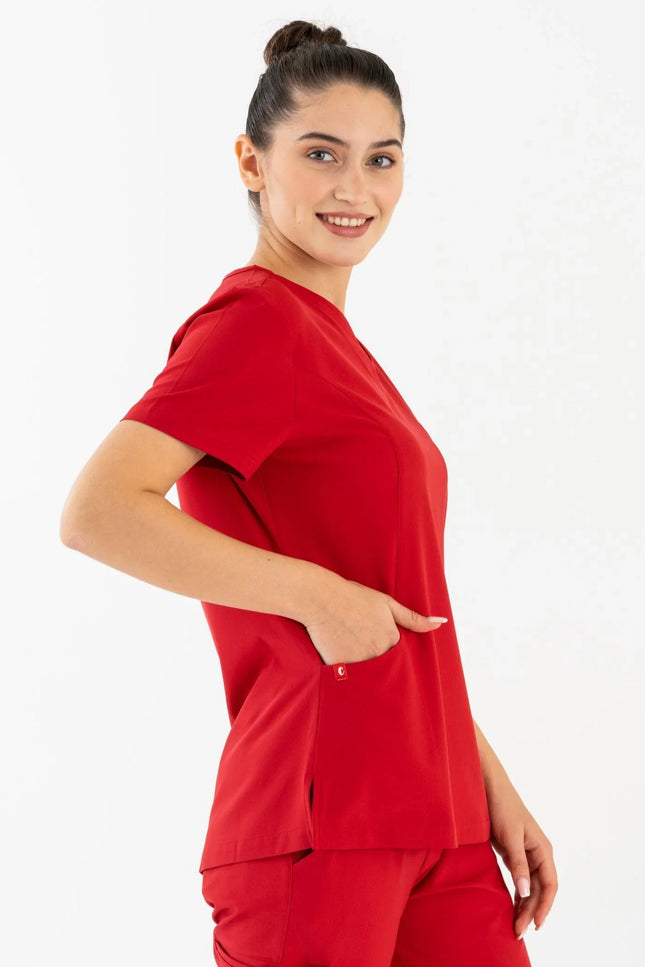 Comfy Master – Lui Kırmızı Kadın Damla Yaka Medikal Üniforma Tek Üst - Comfy Master Outlet