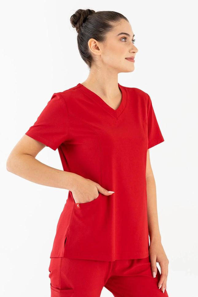 Comfy Master – Lui Kırmızı Kadın Damla Yaka Medikal Üniforma Tek Üst - Comfy Master Outlet