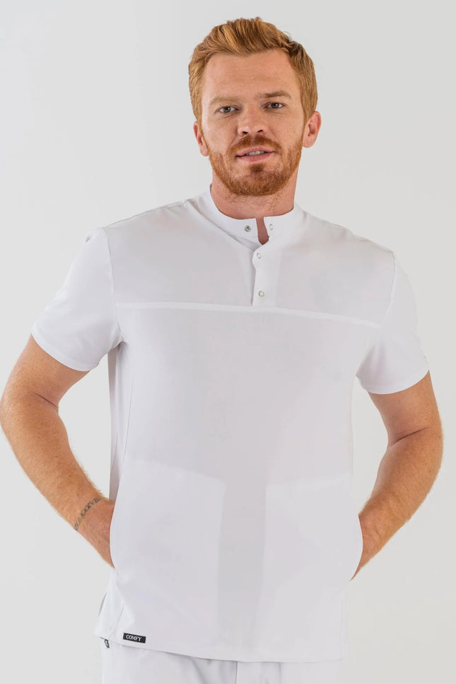 Comfy Master – Jericho Beyaz Erkek Hakim Yaka Medikal Üniforma Tek Üst - Comfy Master Outlet