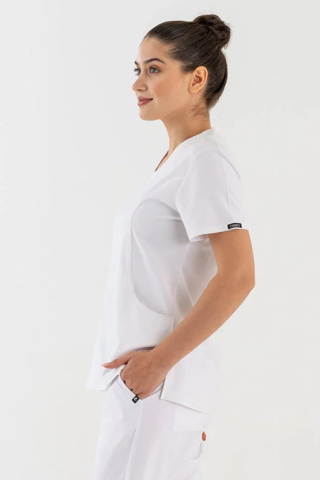 Comfy Master – Lui Beyaz Kadın Damla Yaka Medikal Üniforma Tek Üst - Comfy Master Outlet