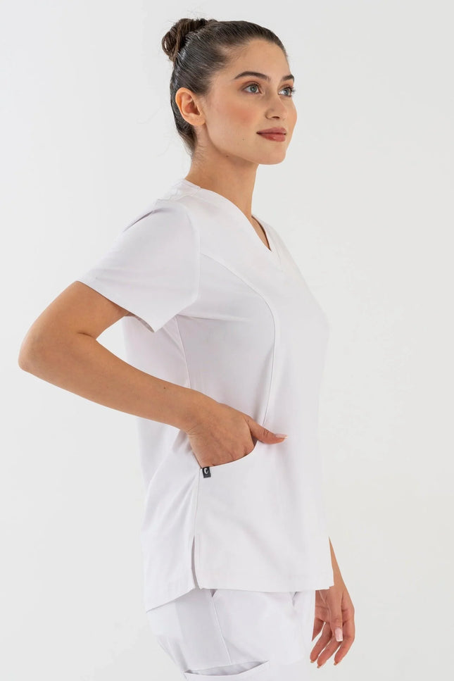 Comfy Master – Lui Beyaz Kadın Damla Yaka Medikal Üniforma Tek Üst - Comfy Master Outlet
