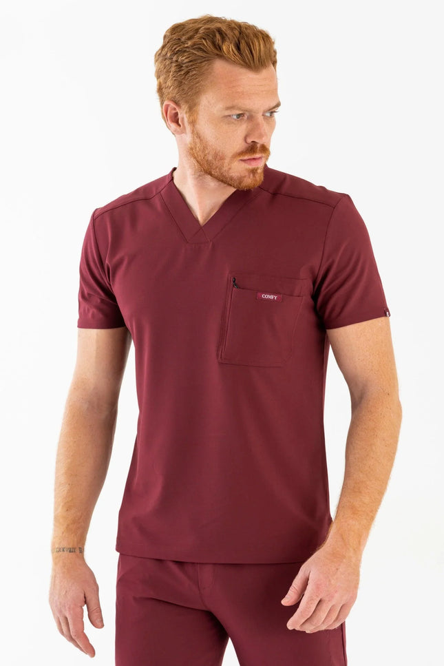 Comfy Master – Rebel Bordo Erkek V-Yaka Medikal Üniforma Tek Üst - Comfy Master Outlet