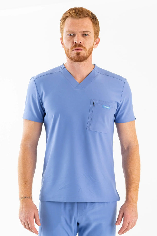 Comfy Master – Rebel Açık Mavi Erkek V-Yaka Medikal Üniforma Tek Üst - Comfy Master Outlet
