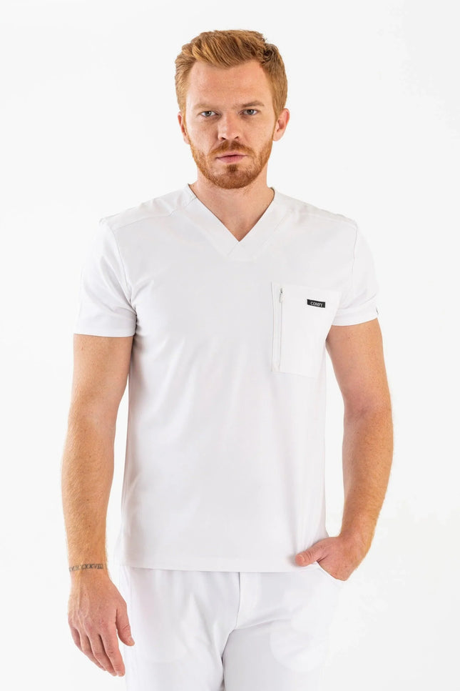 Comfy Master – Rebel Beyaz Erkek V-Yaka Medikal Üniforma Tek Üst - Comfy Master Outlet