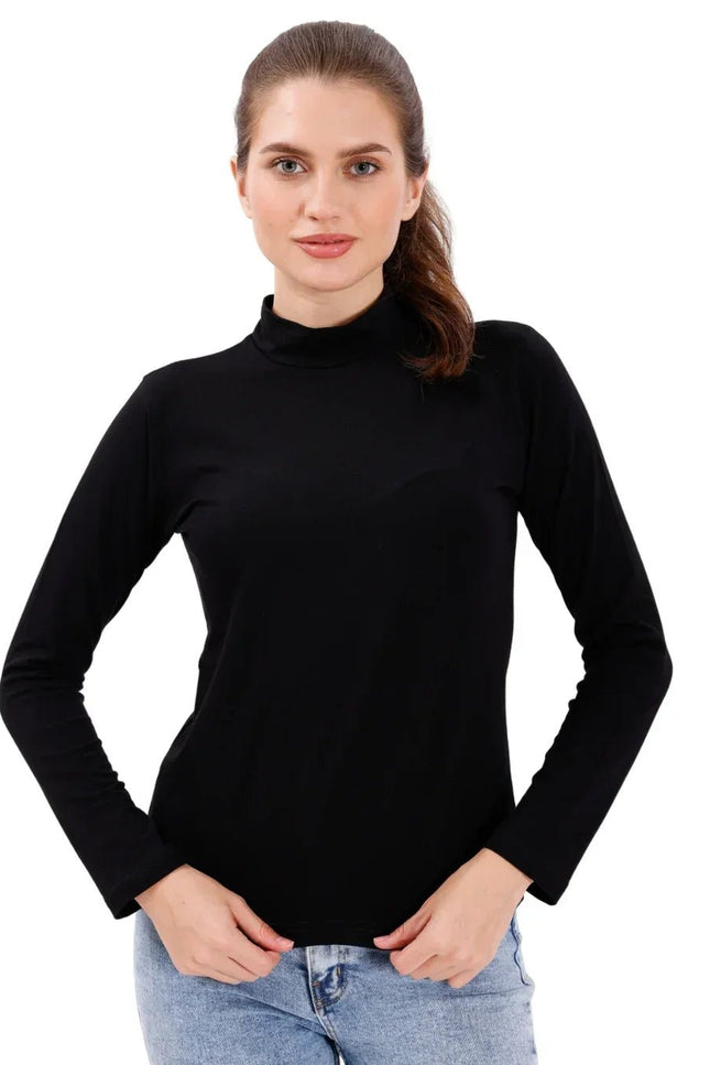Siyah uzun kollu turtleneck tişört, rahat ve esnek dokusuyla günlük giyim için ideal