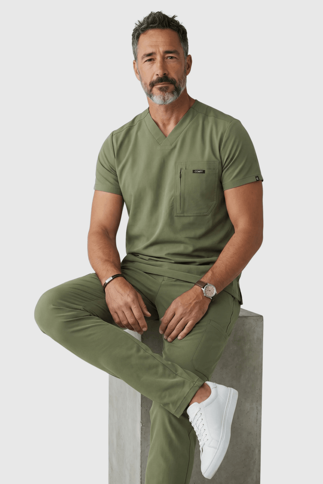Yeşil medikal forma, rahat kesimli erkek doktor giysisi, 4 yöne esnek, modern tasarım